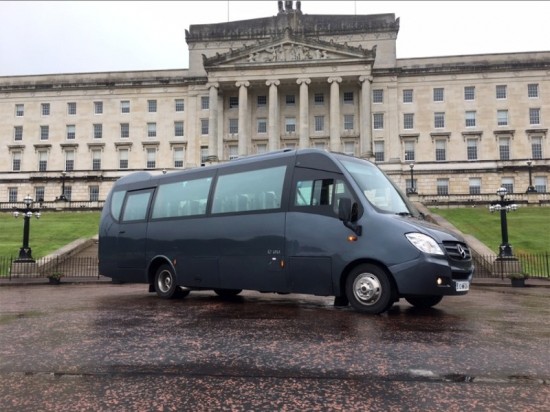 Curran Minibus outside Stormont Castle, Northern Ireland - we have a large fleet of coaches & buses for hire for tours throughout Ireland